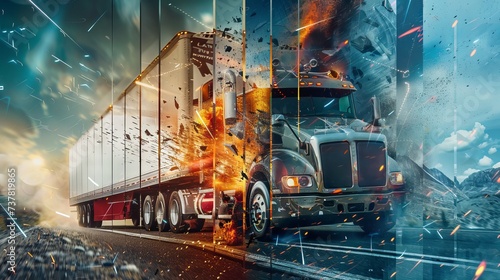 movie poster. A collage of multiple banners featuring a semi-trailer truck. Each large diagonally curved panel captures an individual epic action scene. photo