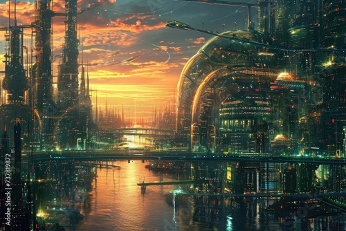 A visually striking painting capturing a futuristic cityscape illuminated by vibrant lights against a dark nighttime backdrop, Cities of the future with advanced technology, AI Generated