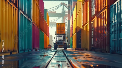 Container carrier forklift loading onto truck at dock with stack of colorful container boxes background and copy space, Cargo shipping import export logistics transportation industry concept photo