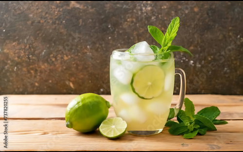 Lemonade with lime mint on a wooden table
