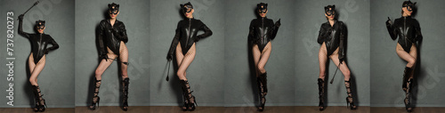 Set of six images beautiful dominant brunette mistress woman black leather fetish cat mask posing with riding crop