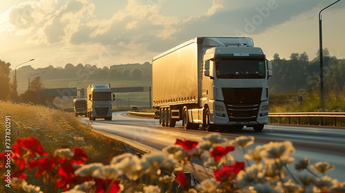 Convoy of white trucks with containers on the highway, cargo transportation concept in spring - shipping service