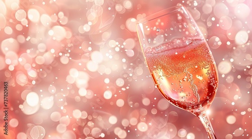 a single glass of champagne on a pink background. The glass is tall and slender, and it is filled with a light pink-colored champagne