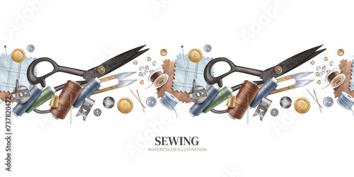 Sewing and embroidery kit. Threads, tailor's scissors, needles, presser foot, bobbin case, buttons. Seamless pattern. Handicraft store. Border for background design, textile, banner. Watercolor photo