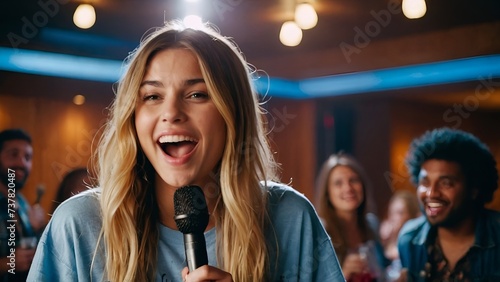 Young pretty woman happy and motivated, singing a song with a microphone, presenting an event or having a party, enjoy the moment photo
