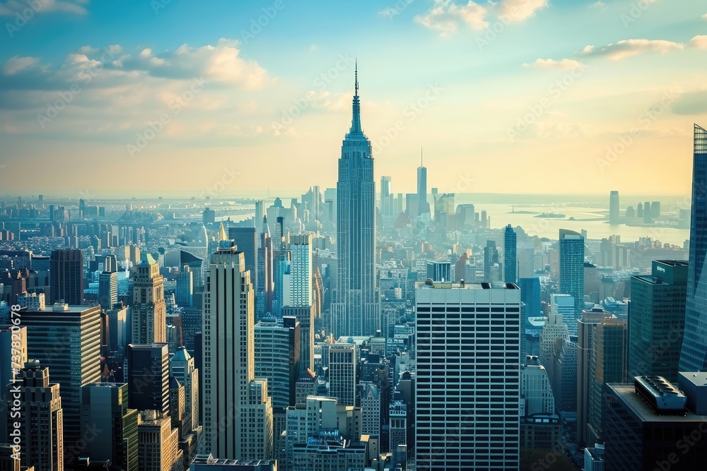 This photo captures a sprawling city with towering skyscrapers as its prominent feature, Classic interpretation of the New York City skyline with its iconic skyscrapers, AI Generated