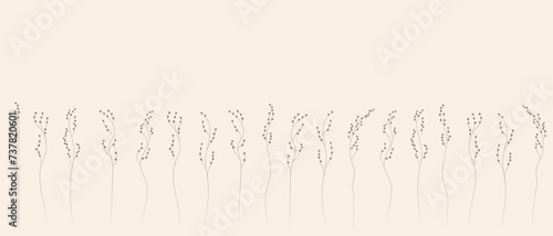 Field and meadow herbs, brown outline, template for packaging and product cover. Sketch of medicinal plants, vector flat cartoon drawing.