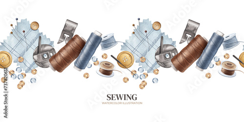 Sewing and embroidery kit. Threads, bobbins, needles, pieces of fabric, presser foot, bobbin case, sequins. Seamless pattern. Handicraft store. Border for background, textile, banner. Watercolor photo