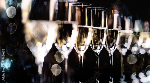 a row of ten champagne flutes, meticulously arranged on a sleek black bar counter. Each flute is filled with champagne, its golden liquid illuminated by warm overhead lighting