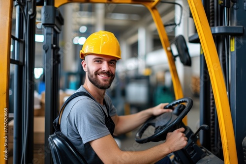 happy employer in a safety vest in a warehouse instructing a forklift driver 
