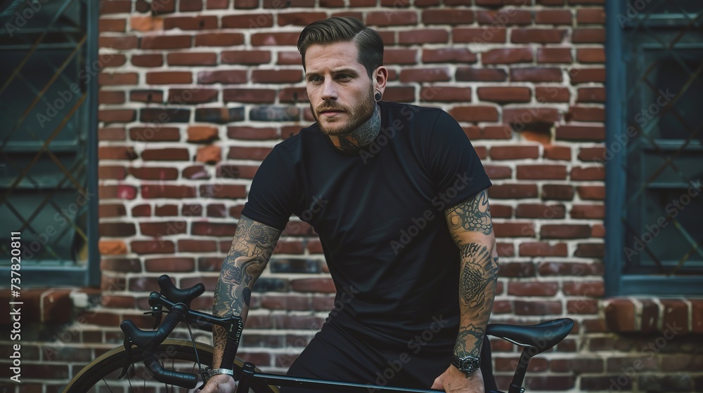 man wearing black t-shirt with tattooed wrists leaning against brick wall with his bike, perfect hands, in light gray and dark black style