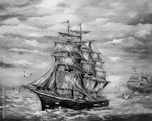 monochrome photography black and white original oil painting sailboat barque lucky