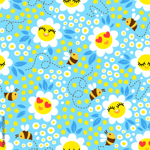 Bees on blossom meadow. Hand drown seamless vector pattern design