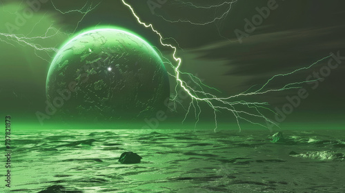 A strange green alien planet with green lightnings over it