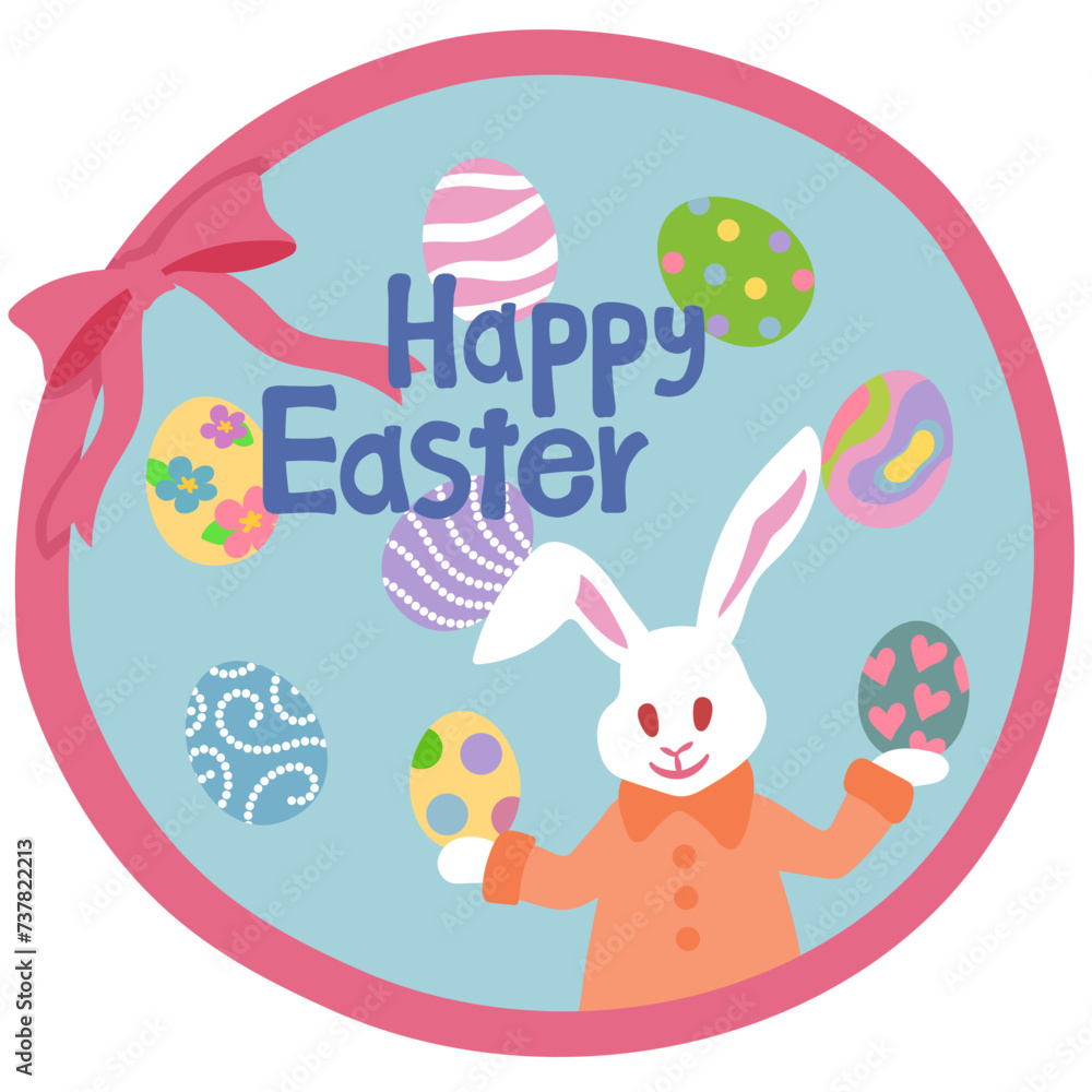 Fototapeta premium カラフルなイースターエッグを両手に持つイースターバニーとリボンの円形イラスト