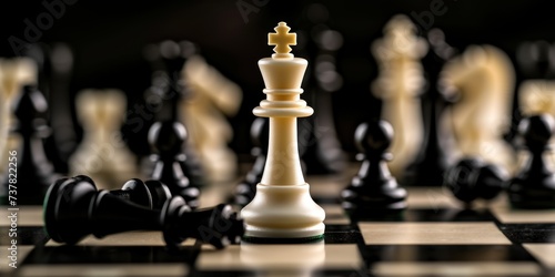 White Chess King among lying down black pawns on chessboard copy space