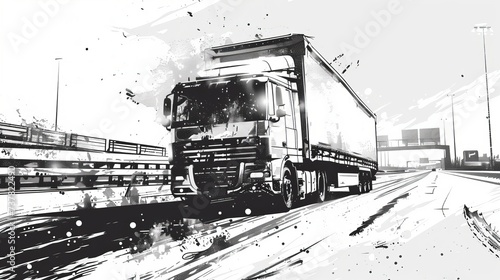 truck on the freeway. ink splash style artwork. black and white