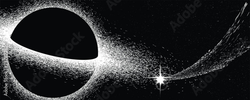 Black hole with disc of plasma eating dying star in space. Supermassive singularity in core off a galaxy, with noise texture . Event horizon .Vector illustration