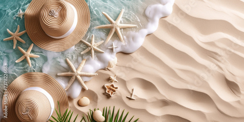 Top view hat and starfish on the sand beach background, flat lay Summer holiday vacation concept photo