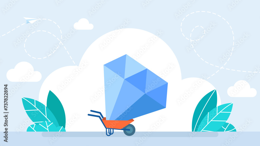 Creative energy, talent. Imagination, brilliant idea, insight, dream. Cart full of diamond. Wheelbarrow with jewelry, precious stone. Successful business. Modern flat style.Vector illustration