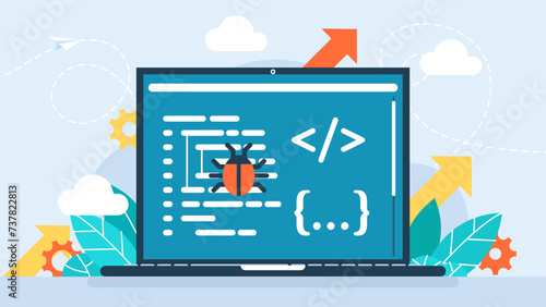 Deleting malware, virus, bug or system error. Fixing program code. Bug error notification popup on software testing concept of testing software on laptop. Search of bugs and virus. Vector illustration