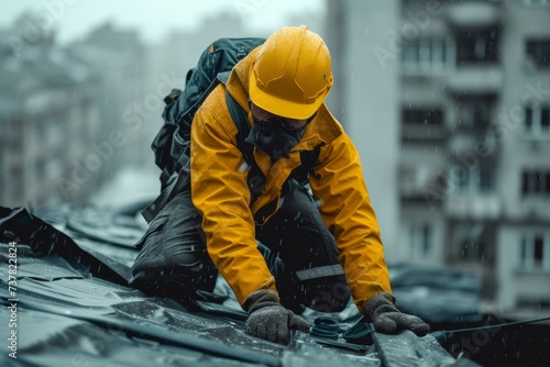 Man in Yellow Jacket and Yellow Hat Working on Roof