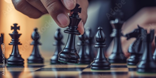 Man's hand moves chess into position on chessboard copy space 