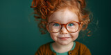 Cute smiling with red hair and green eyes  girl with eyewear to vision correction. Shallow depth of field.