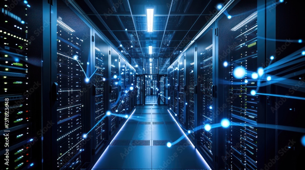 Shot of Corridor in Working Data Center Full of Rack Servers and Supercomputers with Internet connection Visualization Projection, technology, digital, futuristic, future, Shot of Corridor in Working Data Center Full of Rack Servers and Supercomputers with Internet connection Visualization Projection, technology, digital, futuristic, future,