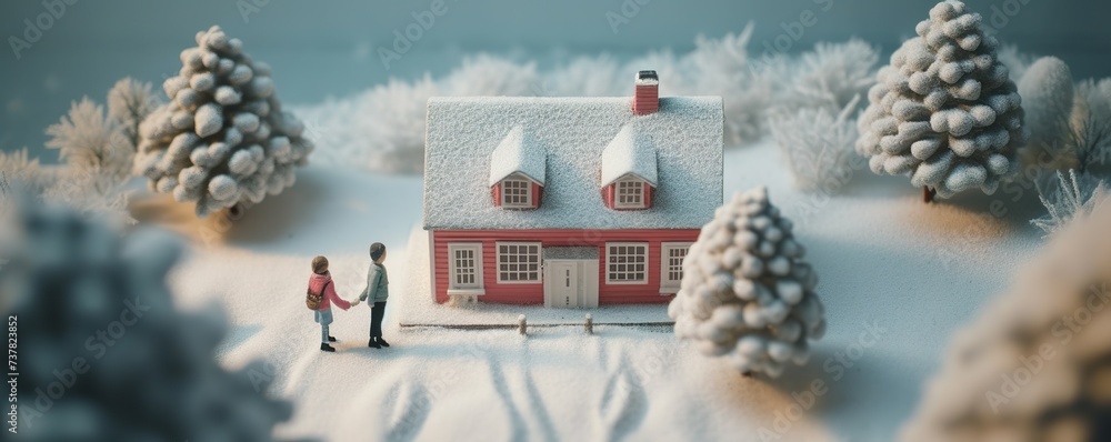 A miniature man and a miniature woman standing in front of miniature Christmas tree with decoration Beautiful snow top view with snowy landscape and trees on a Christmas themed