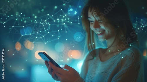woman touching smartphone screen using smiley face emoticon with IoT internet of things and modern digital networking concept. people watching live video