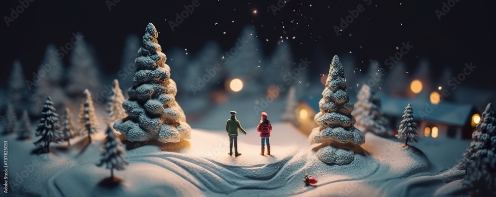 A miniature man and a miniature woman standing in front of miniature Christmas tree with decoration Beautiful snow top view with snowy landscape and trees on a Christmas themed - obrazy, fototapety, plakaty 