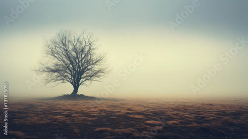 A lonely tree in a field without leaves, surrounded by fog.