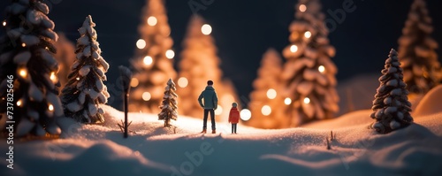A miniature man and a miniature woman standing in front of miniature Christmas tree with decoration Beautiful snow top view with snowy landscape and trees on a Christmas themed © Dipankar
