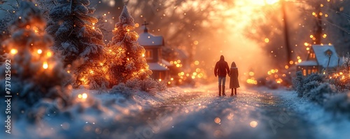 A miniature man and a miniature woman standing in front of miniature Christmas tree shines lights garlands
