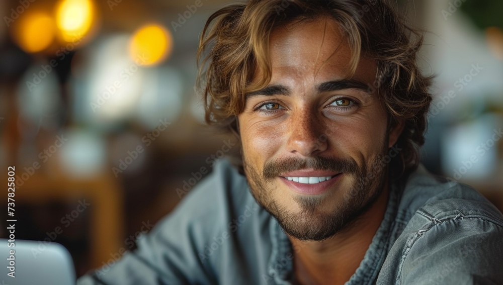 Smiling man with laptop in cozy lighting, engaging and approachable Smiling man with laptop in cozy lighting, engaging and approachable
