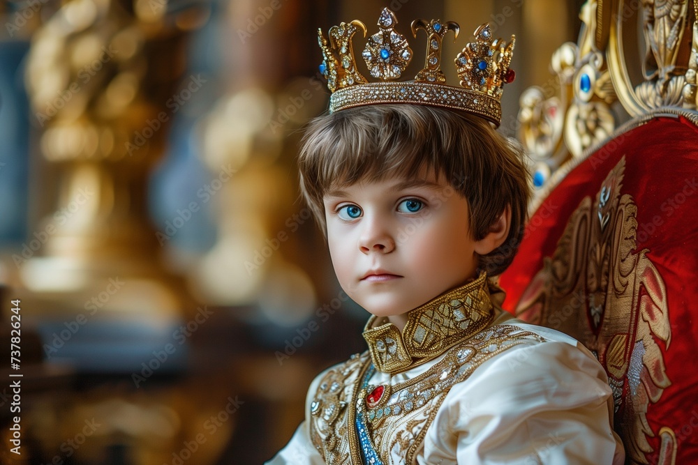 A little serious boy, a prince or already a young king sitting on a throne in a golden palace