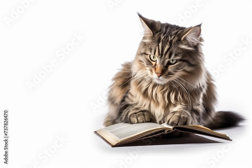 cat reading a book. white background. concept: development, training, education, science. smart pet.