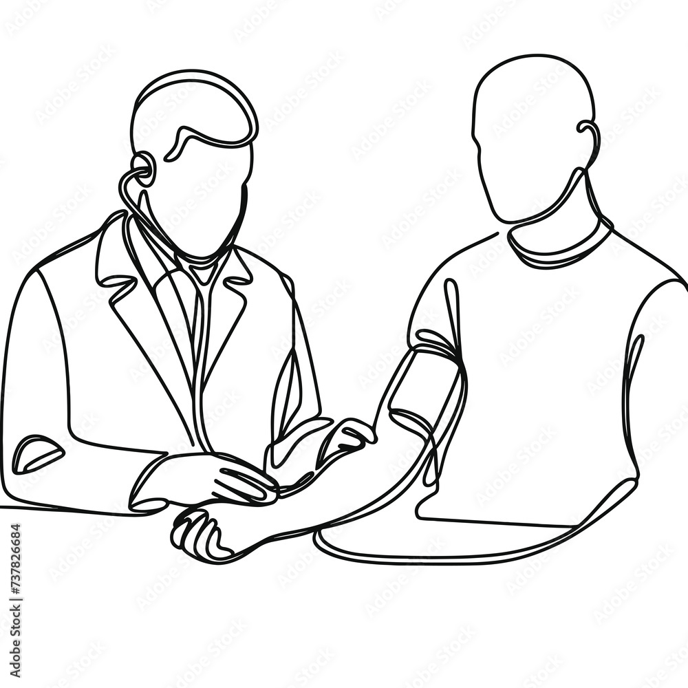 The physician measures the patient's blood pressure in a line drawing style