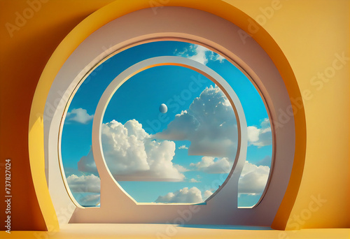 A 3D render of an abstract background with clouds inside arch windows on the yellow wall © Artstation