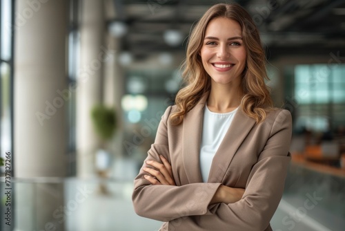 Portrait of cheerful business women in suit in modern office background 