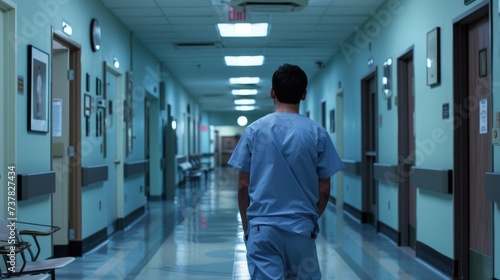 Hospital Orderly in Scrubs Walking Through Medical Corridor