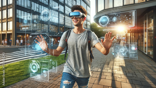 A young man wearing a goggle-type device in a T-shirt and jeans happily walks down the sidewalk. He walks while operating with both hands. The UI of the future. photo