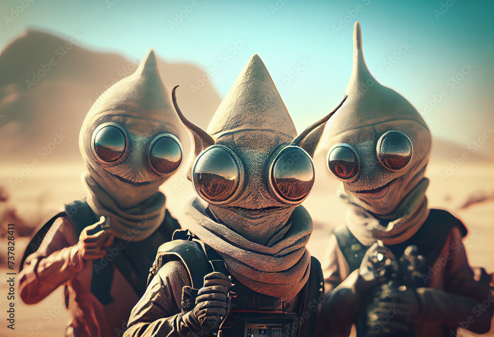 three aliens in the desert take a selfie
