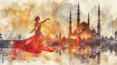 アラブのモスクと湖を背景に踊る女性 Generative AI