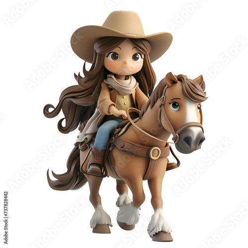 A 3D animated cartoon render of a smiling cowgirl riding a friendly horse. Created with generative AI. © Render John