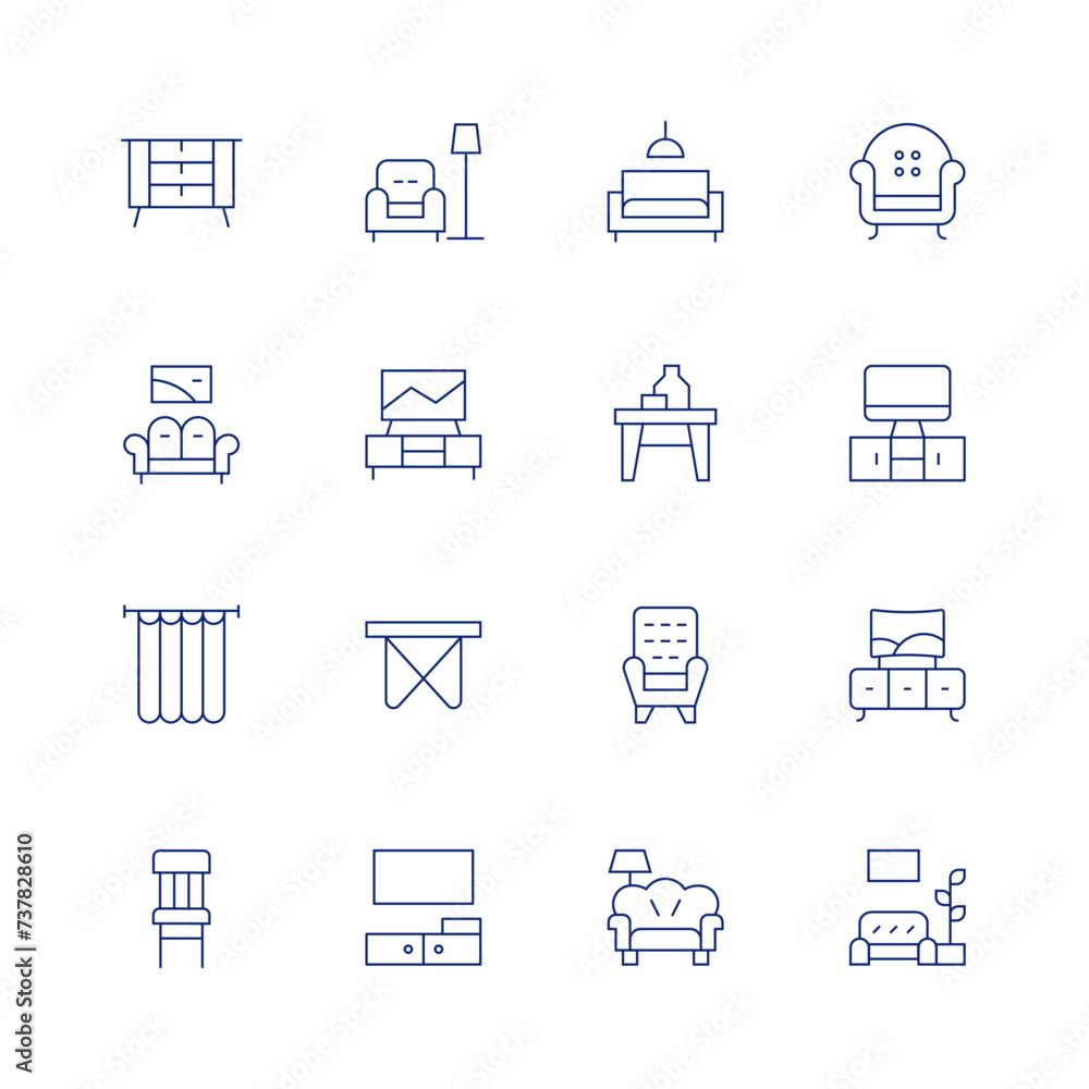 Living room line icon set on transparent background with editable stroke. Containing sideboard, sofa, table, curtain, armchair, livingroom, rest, tvstand, television, chair, tvtable.