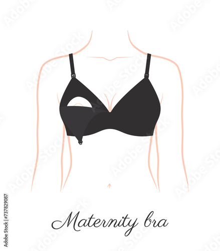 Vector woman decollete with black maternity bra. Female girl tits closeup. Isolated on white background