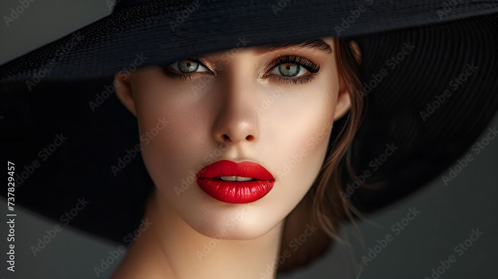 Fashion Model Beauty Portrait, Elegant Woman in Black Hat and red lipstick Fashion Model Beauty Portrait, Elegant Woman in Black Hat and red lipstick