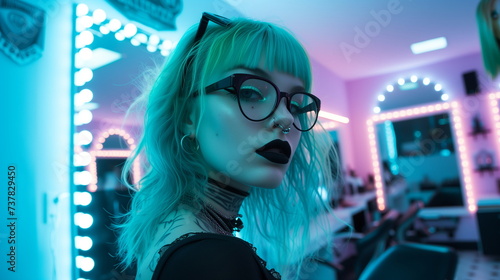 White futuristic punk woman in neon light, lamps on background, young artist in  a beauty salon